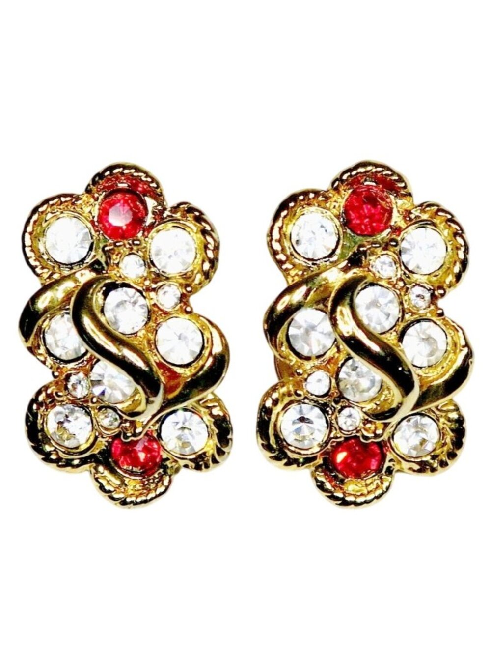 1980s-90s Gold-Tone Rhinestone Clip-On Earrings Vintage Statement Jewelry